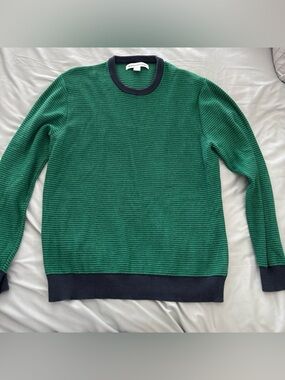 Amazon Essentials Green Striped Crewneck Sweater with Navy Trim